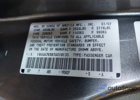 2007 Acura Tl Type S z USA, uszkodzony, nr VIN 19UUA76587A018133